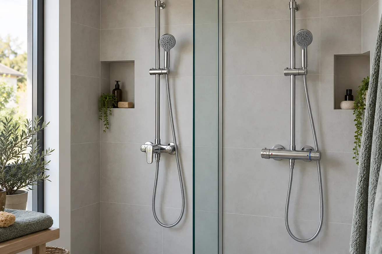Colonne de douche thermostatique apparente fixée au mur d'une salle de bains carrelée